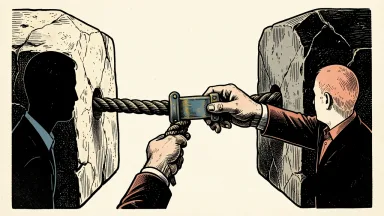 US-Iran escalation breakthrough: a central clamp being tightened on a taut rope between two heavy stone blocks to prevent further tension.