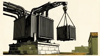 Eaton expanding its European power distribution footprint: a large industrial transformer being joined by a second unit via a crane hook.