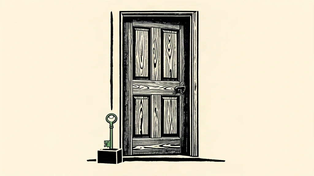 A heavy wooden door remains slightly open with a key waiting on a nearby pedestal, representing an ongoing diplomatic review.