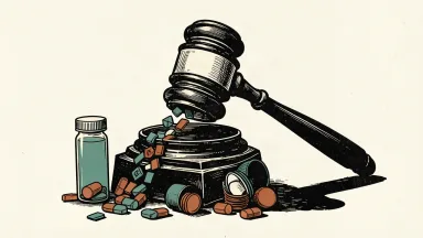 Hims & Hers Health faces a securities fraud lawsuit: a large gavel looms over a prescription bottle spilling out data tiles.