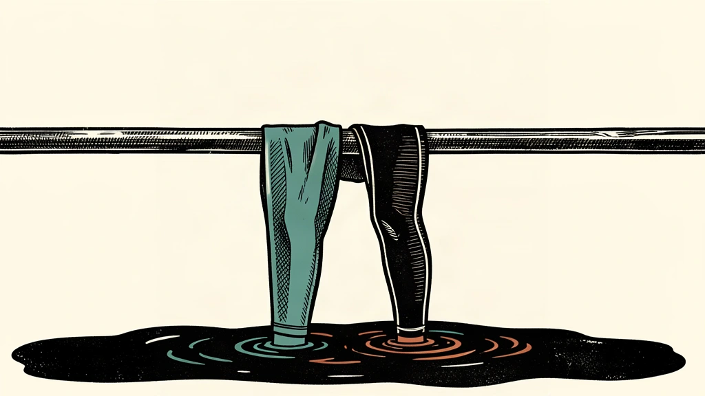 A pair of yoga pants hangs over a very low horizontal bar, with the fabric touching a dark surface at the bottom.