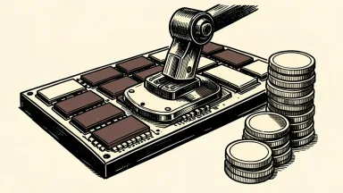 Micron settles patent dispute with Netlist: a computer memory module being stamped with a license seal next to a stack of coins.