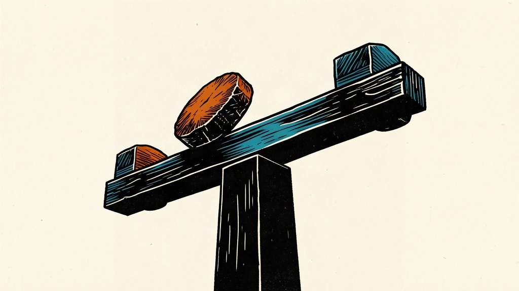 A minimalist balance scale with two stone weights, where one weight is shifted to create a deliberate tilt in the beam.