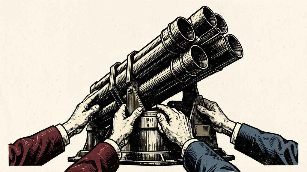 An illustration of a large air-defense launcher being supported by four hands in different military uniforms.