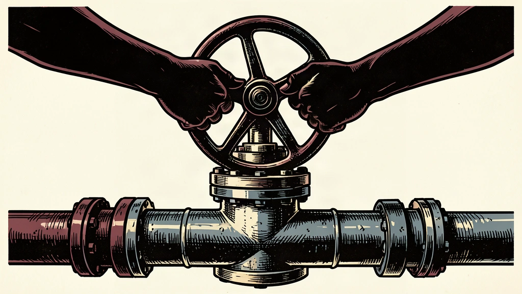 A large industrial pipeline with a valve wheel being turned by silhouetted hands to start the flow.