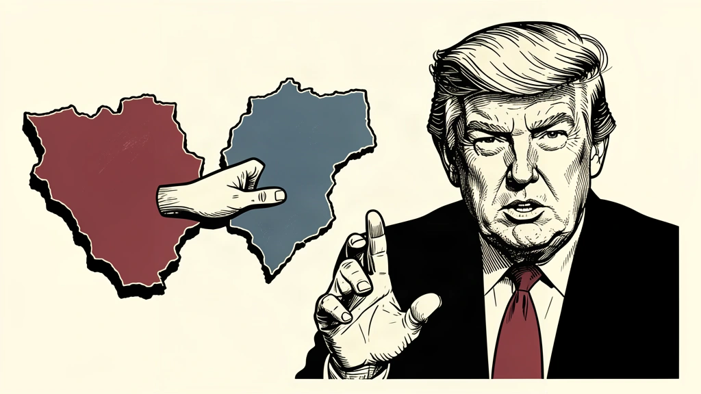 An editorial illustration showing Donald Trump speaking while a large hand attempts to join two separate islands. Identity photo references adapted into illustration: Daniel Torok (Public domain; https://commons.wikimedia.org/wiki/File:Official_Presidential_Portrait_of_President_Donald_J._Trump_(2025).jpg); source https://commons.wikimedia.org/wiki/File:Official_Presidential_Portrait_of_President_Donald_J._Trump_(2025).jpg