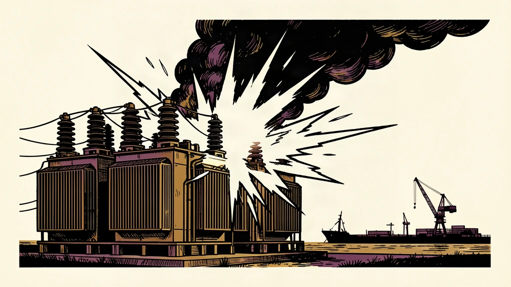 An editorial illustration of an electrical transformer station being struck by an explosion, with smoke rising from the damaged machinery.