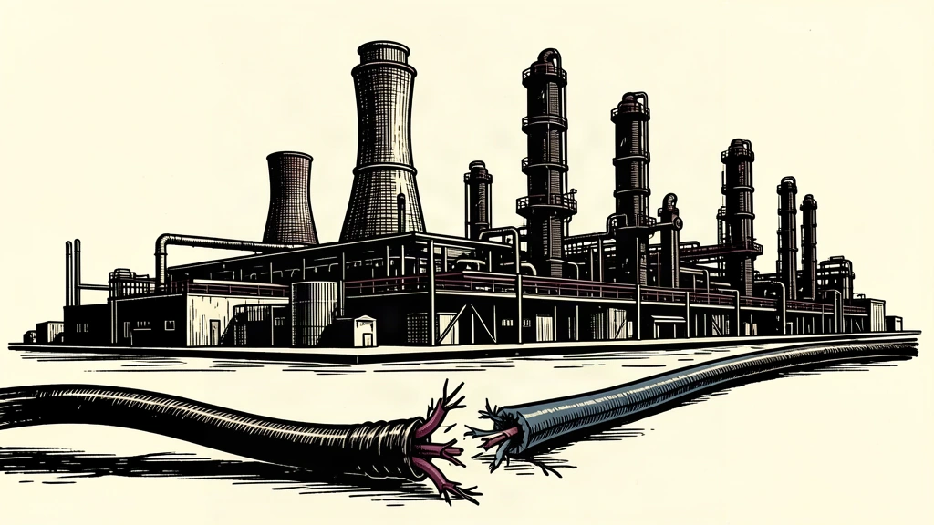 An editorial illustration of a large oil refinery with a severed power cable in the foreground, representing a power outage.