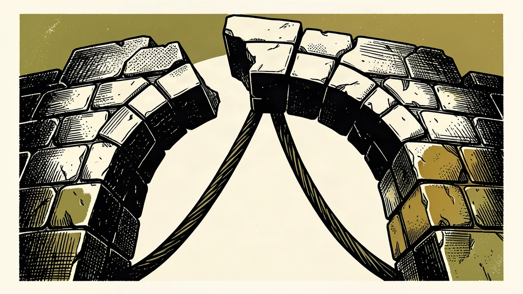 An editorial illustration of an incomplete stone arch with a missing keystone, while a heavy cable below is pulled tight under tension.
