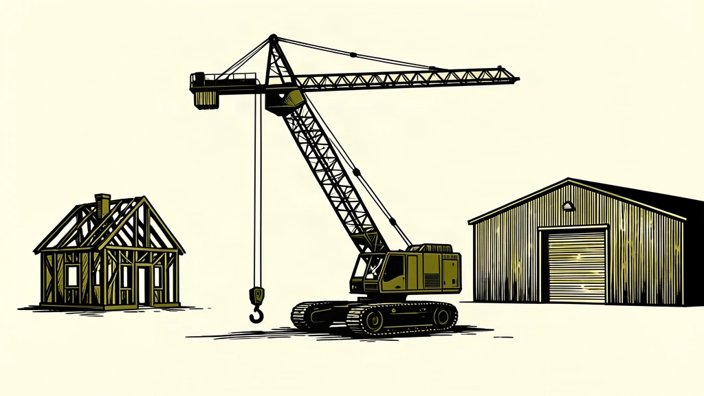 A heavy construction crane with its hook resting on the ground between an unfinished house and a closed factory.