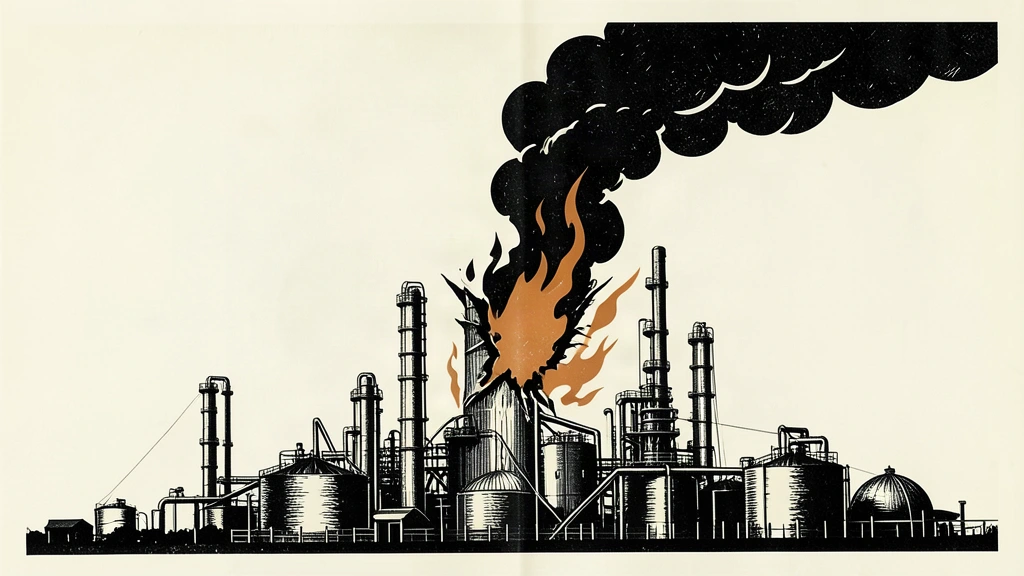 A stylized black ink illustration of a Russian oil refinery with a large plume of smoke and flames erupting from a damaged distillation tower.
