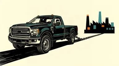 An editorial illustration showing a large truck being pulled backward by a heavy chain connected to distant industrial buildings across a dividing line.