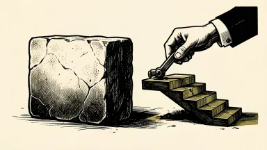 The Federal Reserve signals a pause: a heavy stone block remains stationary while a set of rising stairs tilts downward.