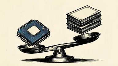 Morgan Stanley maintains conviction in AI: a heavy computer chip on a balance scale outweighs a stack of bank ledgers.