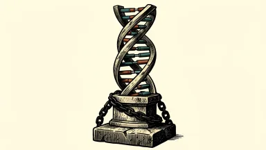 Intellia Therapeutics under pressure from a Barclays underweight rating: a DNA double helix anchored to a heavy stone base by a thick chain.