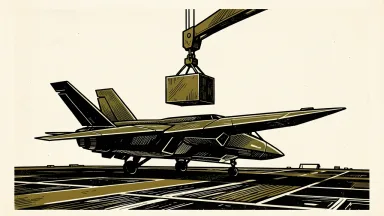 Boeing awarded US Navy fighter contract: a futuristic jet silhouette on a carrier deck being fitted with a heavy metal block by a crane.