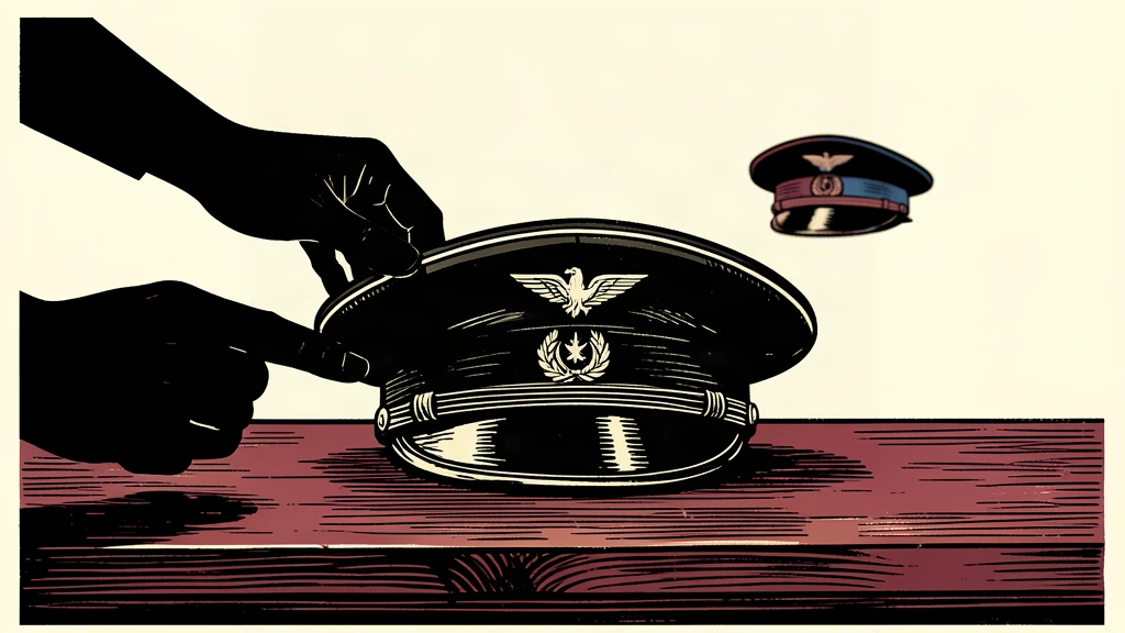 A silhouette of hands placing a military officer's cap on a table to represent a change in command.