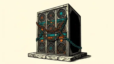 Japanese stocks and AI investment: a large server rack with a heavy dark chain draped across its front panel.