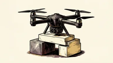 Draganfly drone receiving strategic investment: an industrial quadcopter resting on a platform elevated by two heavy metal foundation blocks.