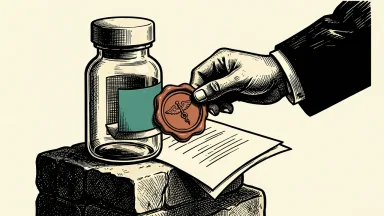 AstraZeneca's Efzimfotase Alfa drug approval confidence: a pharmaceutical vial on a pedestal beside a document receiving an official wax seal.
