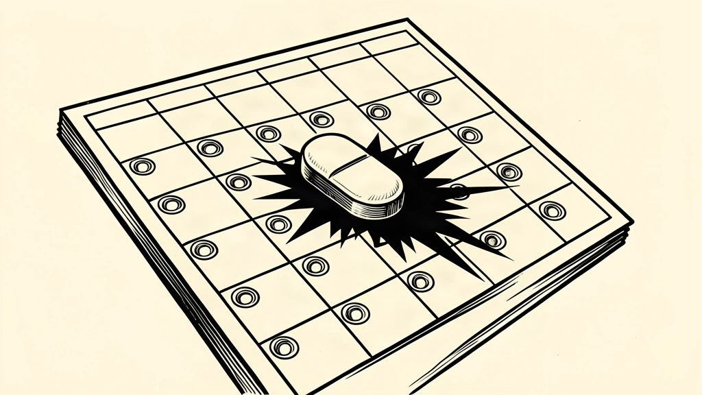 A pharmaceutical pill rests on a calendar, blocking a jagged shadow from reaching future dates.