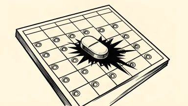 A pharmaceutical pill rests on a calendar, blocking a jagged shadow from reaching future dates.