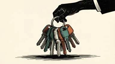 KKR sells a portfolio of hotels in Japan: a hand lifts a large metal ring holding a cluster of identical hotel keys.
