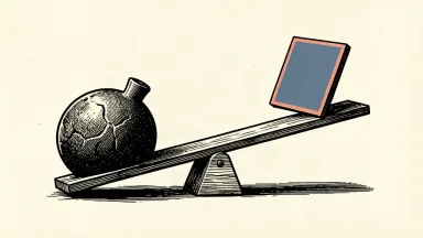 An editorial illustration showing a heavy weight tilting a balance beam, lifting a blank screen tile high into the air to represent an underweight rating.