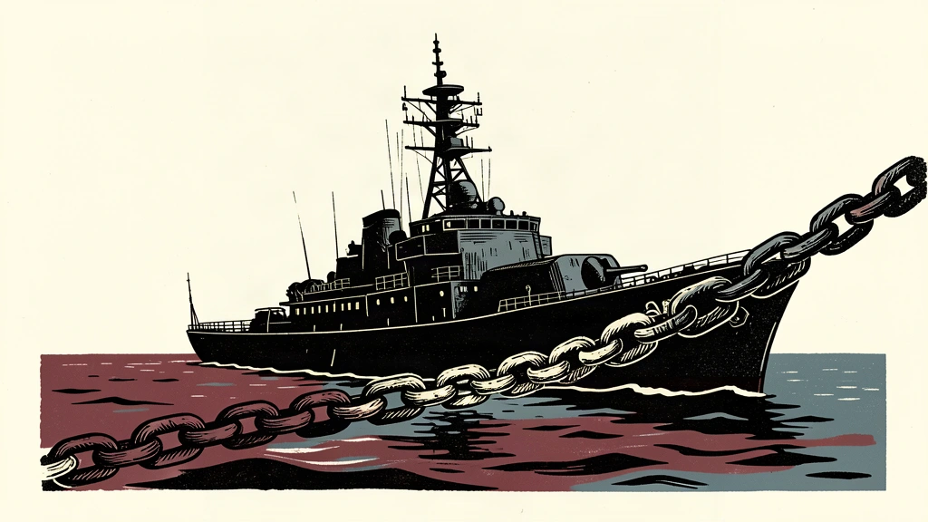 An editorial illustration of a naval ship behind a taut defensive barrier, representing increased alert status.