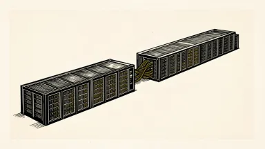An editorial illustration of a modular data center building being doubled in length as a second segment is joined to the first, representing a contract extension.