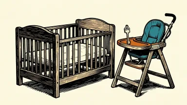 Airbnb baby gear rentals: a wooden crib, stroller, and high chair arranged inside a vacation rental room next to a house key.