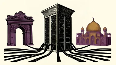 An editorial illustration showing a large central server rack connected by cables to the silhouettes of a European arch and a Middle Eastern dome.