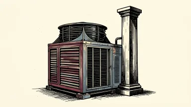 Trane Technologies price target set by JP Morgan: an industrial HVAC cooling unit stands next to a tall, solid architectural pillar.
