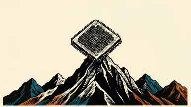 Nvidia stock reaching a new record high: a large computer chip sits atop the highest peak of a jagged mountain range.