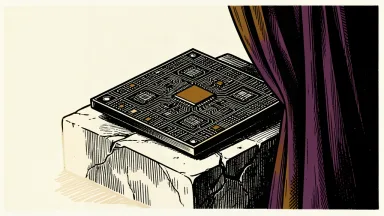 A large semiconductor chip is partially revealed behind a heavy curtain, resting on a stone base.