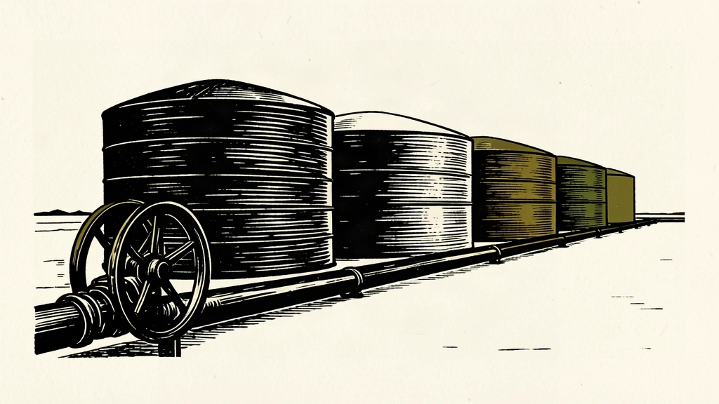 A row of three industrial oil storage tanks showing a very gradual increase in size, connected by a pipeline with a prominent valve wheel in the foreground.