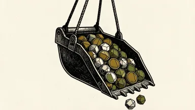 Greenland Mines raising capital: a large industrial mining bucket being filled with geometric tokens representing stock and warrants.