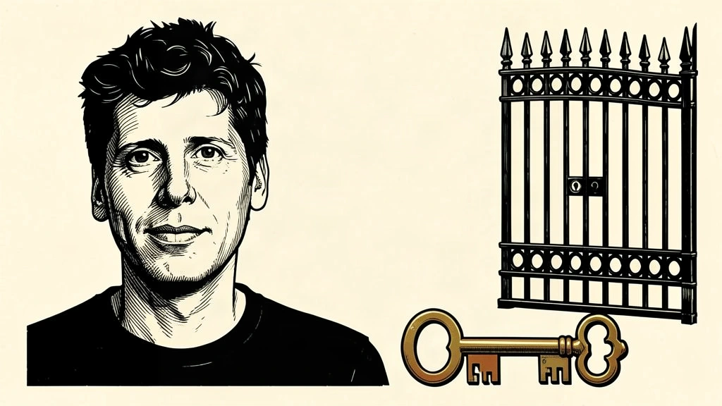 A portrait of Sam Altman next to a closed iron gate with a key lying on the ground, symbolizing the decision to delay going public. Identity photo references adapted into illustration: Steve Jurvetson (CC BY 2.0; https://creativecommons.org/licenses/by/2.0); source https://commons.wikimedia.org/wiki/File:Sam_Altman_speaking_at_TED_(cropped).jpg