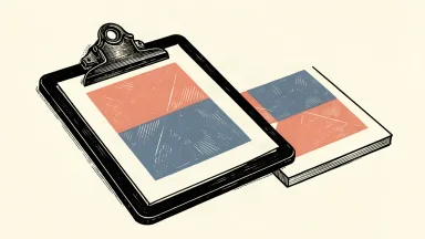 Oracle Health and ID.me partnership: a medical clipboard where paper is replaced by interlocking digital tiles.
