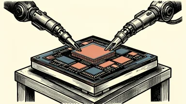 Applied Materials and Intel collaborating on AI chip technology: two mechanical arms precisely assembling a multi-layered semiconductor package on a large wafer.