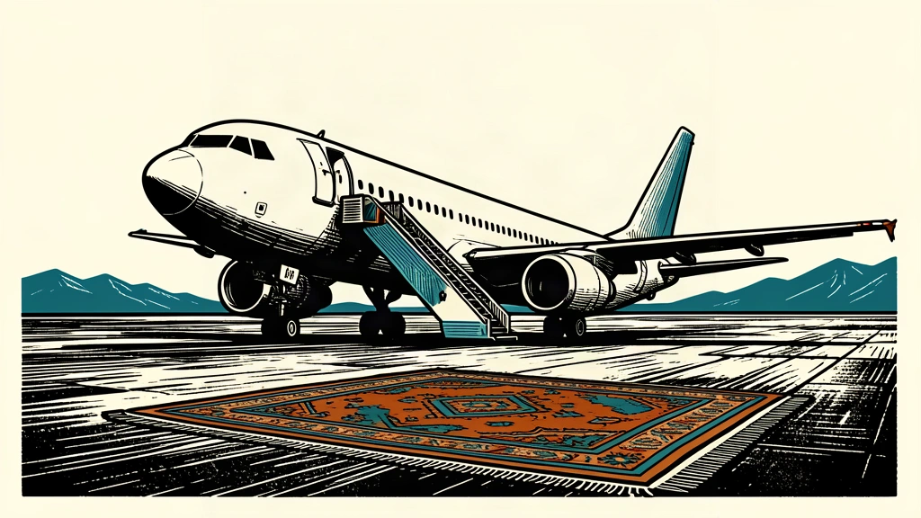 An editorial illustration showing a large aircraft on a tarmac with a ceremonial rug unrolled in the foreground, symbolizing a state visit.