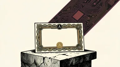 Bonds rally as AI stocks decline: a stable bond certificate sits on a stone base while a geometric circuit pattern slides away in the background.