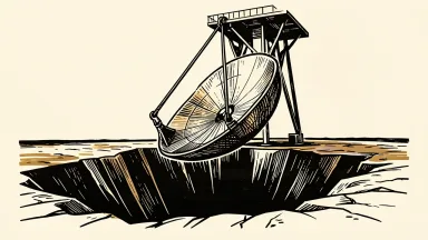 EchoStar's DISH DBS entities emerge from bankruptcy: a large satellite dish is hoisted out of a deep trench by heavy cables toward a solid platform.