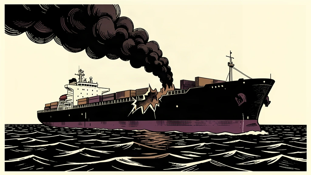 An editorial illustration of a damaged cargo ship with a dark smoke plume rising from a hole in its side.