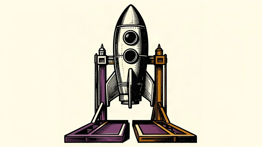 A large rocket ship is supported by two separate launch platforms, representing a dual listing.