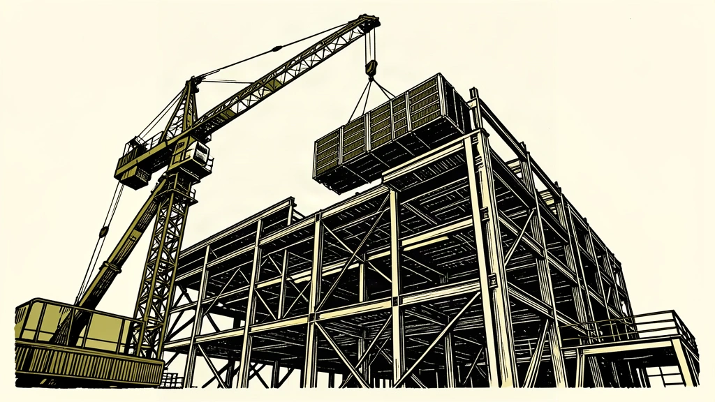 A large data center under construction with a crane lifting a server module into the steel frame.