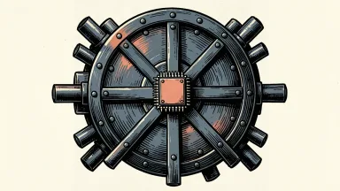SEALSQ secure element chip receiving NIST validation: a small microchip centered on a massive, locked vault door with extended steel bolts.