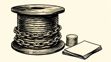 A cable spool restrained by a chain beside a stack of coins partially covered by a document.
