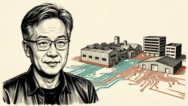 Nvidia CEO Jensen Huang beside various industrial buildings connected by circuit-board patterns, illustrating his claim that all companies are now AI companies. Identity photo references adapted into illustration: Photographer: Peter Dasilva (CC BY 4.0; https://creativecommons.org/licenses/by/4.0); source https://commons.wikimedia.org/wiki/File:Jensen_Huang_(cropped)_(2024).jpg