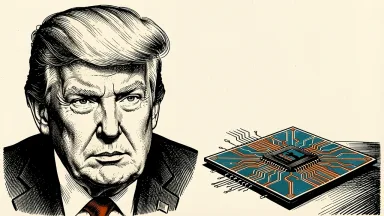 Donald Trump meeting with Nvidia and OpenAI: a portrait of Trump beside a microchip and an AI symbol on a table. Identity photo references adapted into illustration: Daniel Torok (Public domain; https://commons.wikimedia.org/wiki/File:Official_Presidential_Portrait_of_President_Donald_J._Trump_(2025).jpg); source https://commons.wikimedia.org/wiki/File:Official_Presidential_Portrait_of_President_Donald_J._Trump_(2025).jpg